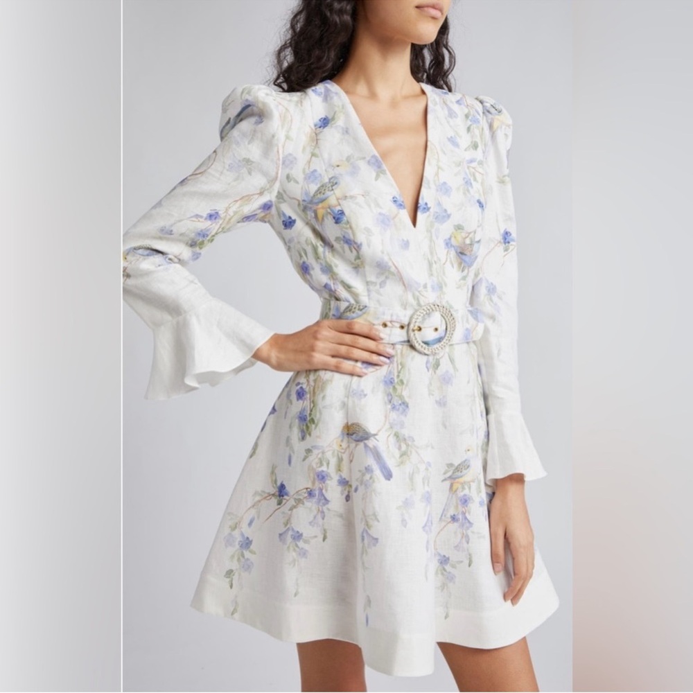 Zimmerman Natural Floral with Birds - Mini Linen Dress 0P